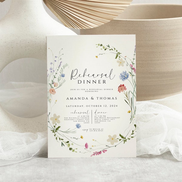 Faire-part de répétition de fleurs sauvages pour le dîner, invitation de mariage floral printemps été imprimable, modèle d'invitation numérique pour le dîner de répétition instantané