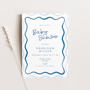 Modello di invito per baby shower blu per bambino, invito per baby shower con bordo ondulato, invito fai da te per baby shower, invito stampabile con cosparsione per bambino, modificabile