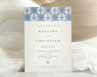Italian Blue Tile Wedding Invitation, Mediterranean Wedding Invite, Portuguese Tiles Invitation, Positano, Printable, Spanish Wedding Set
