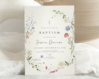 Wildflower Baptism Invitation Template, Wildflower Christening Invite, Pink Girls Baptism Invitation, Religious Cross, Floral Invitation