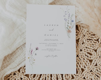 Modèle d'invitation de mariage de fleurs sauvages, ensemble d'invitation de mariage de fleurs sauvages, suite de modèle d'invitation de mariage imprimable, fleurs de champ, téléchargement