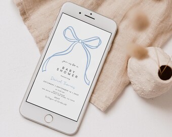 Blue Bow Boy Baby Shower Digital Evite Template, Electronic Baby Shower Invitation, Coquette Baby Shower Digital Invite Text Evite Editable