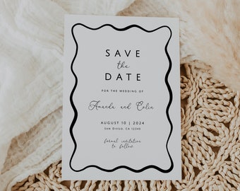 Wavy Save The Date Template, Retro Save The Date Cards, Minimalist Modern Save the Date, Wave Invitations, Scallop Wedding Invite, Download