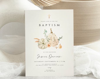 Fall Baptism Invitation Template, Pumpkin Fall Baptism Invitation, Girl Baptism Invite, Christening Invite Printable, Rustic Autumn Editable