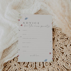 Schrijfkaarten babyadvies, advies voor nieuwe ouders, babyshower wilde bloemen, bord babyadvies, advieskaarten babyshower, Templett, bewerkbaar