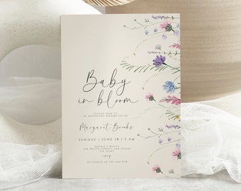 Baby in Bloom Baby Shower Template, Wildflower 1st Birthday Invitation, Wildflower Birthday Party Invitations, Floral Baby Shower Invite DIY