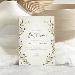 Invito al battesimo per bambina, modello di invito al battesimo con fiori di campo, invito al battesimo con fiori di campo, invito al battesimo per bambina, invito modificabile
