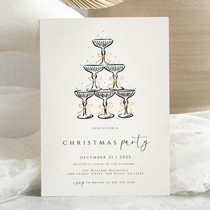 Christmas Party Invitation Template, Champagne Tower Christmas Invitation, Holiday Dinner Party Invite, Printable Editable, Instant Download