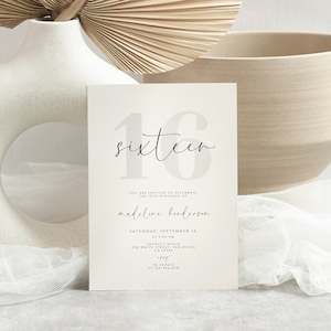 Sweet Sixteen Birthday invitation, Minimalist 16th Birthday Invite, Modern Birthday Invitation Template, Printable Editable, Black and White