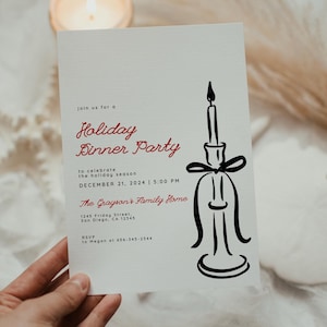 Handgetekende vakantie diner uitnodiging sjabloon, kerstfeest uitnodigen, kaars, esthetische kerst DIY-uitnodiging, handgeschreven, xmas