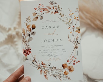 Fall Wildflower Wedding Invitation Autumn Floral Wedding Invite Burgundy Orange Rustic Wedding Template Boho Editable Printable Invitation
