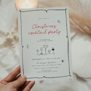 Christmas Cocktail Party Invitation, Whimsical Hand Drawn Christmas Party Invite Template, Quirky Doodle Handwritten Holiday Party Invite