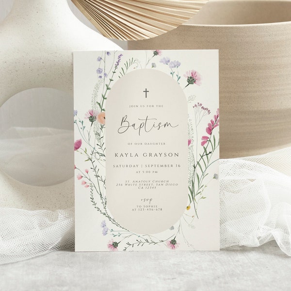 Pink Girls Baptism Invitation, Wild Flower Girls Christening Invitation, Wildflower Baptism Invitation Template, Baptismal Invite Floral