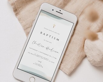 Sage Green Baptism Invitation Template: Modern Christening Evite (Digital Download)