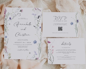 Wildflower Wedding Invitation Template, Printable Wedding Invitation, Boho Floral Invitation Set, QR Code, RSVP and Details, Invite Suite