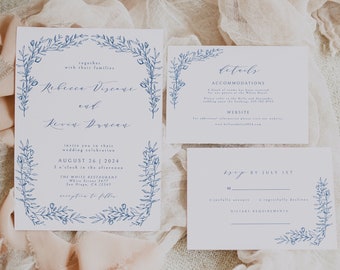 Modèle d’invitation de mariage floral bleu, ensemble de mariage floral vintage, invitation de mariage bleu poussiéreux, mariage de jardin botanique, modifiable, bricolage