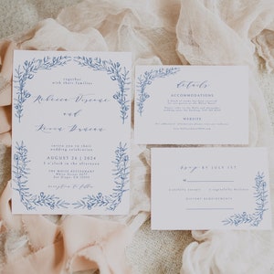 Blue Floral Wedding Invitation Template, Vintage Floral Wedding Set, Dusty Blue Wedding Invitation, Botanical Garden Wedding, Editable, DIY