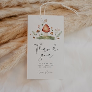 Bewerkbare verjaardagsbedankjes, paddestoel verjaardag bedankkaartje sjabloon, cadeaulabels, bosrijke verjaardag, afdrukbaar, Instant Download