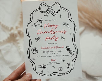 May include: A white invitation card with black line drawings of a bow, wine glasses, a gift box, a candy cane, and a star. The text on the card reads "Join us for a Merry Friendsmas Party", "Hosted by Natalie and Daniel", "December 21, 2024 at 5:00 PM", "1245 Friday Street, San Diego, CA 12345", "RSVP to Natalie at 656-345-2344".