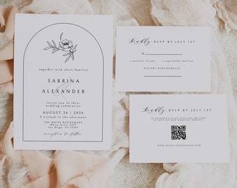 Wedding Invitation with QR Code, Minimalist Wedding Invite Suite, Minimal Modern Invite, Simple Editable Invite Template, Editable, Instant