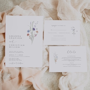 Wildblumen-Hochzeitseinladung, Blumenhochzeit einladen Wildblumen-Hochzeitseinladungs-Set-Vorlage, Frühlingsblumen-Hochzeitsreihe, Details, Antwortkarten