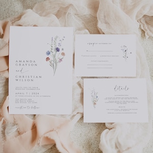 Wildflower Wedding Invitation, Floral Wedding Invite Wildflowers Wedding Invitation Set Template, Spring Flower Wedding Suite, Details, RSVP image 1