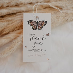 Plantilla de etiqueta de regalo de mariposa editable Etiqueta de agradecimiento de cumpleaños de niña Etiqueta de fiesta de mariposa imprimible Descarga instantánea para tema de mariposa