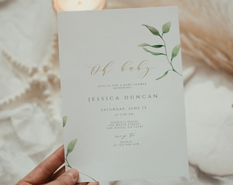 Greenery Baby Shower Invitation: Neutral Green & Gold (Printable, Editable)