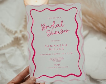 Bridal Shower Invite Template, Wave bridal Shower Invitation, Pink Wavy Modern Bridal Shower, Curve Bridal Shower, Printable Invitation DIY