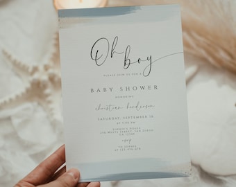 Oh Boy Baby Shower Invitation Template, Dusty Boy Baby Shower, Editable Baby Shower Invitation DIY, Boy Baby Shower Blue, Minimalist Baby