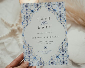 Blue Tiles Save the Date Template, Mediterranean Wedding Save Our Date, Italy Save The Date, Wedding Save the Dates, Italian, Positano