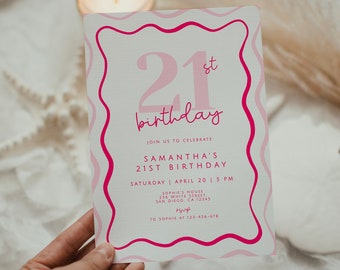 Pink Birthday Invite, 21st Birthday Invitation, Wavy Birthday Party, Printable Invitation, Editable Digital Download Template, Modern Invite