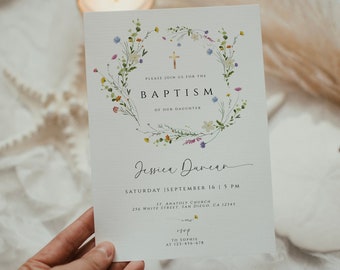 Invitación de bautizo con flores silvestres: Plantilla para bautizo de niñas (imprimible)