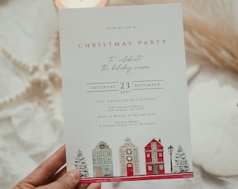 May include: Christmas party invitation with watercolor illustration of houses. The invitation reads "Christmas Party to celebrate the holiday season" and includes the date, time, and location.
