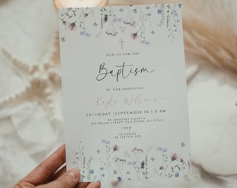 Plantilla de invitación de bautizo con flores silvestres: invitación floral (editable)