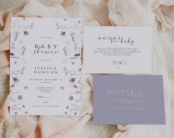 Wildflower Baby Shower Invitation Template Set, Editable Invitation Printable, Floral Invite, Summer Spring Baby Shower Invite, Download DIY