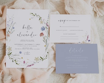 Wildflower Wedding Invitation Template Set, Printable Wedding Invitation, Field Flowers, Wedding Invite Suite, Pressed Flowers, Templett