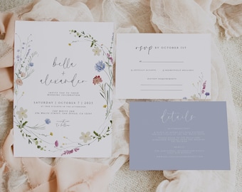 Wildflower Wedding Invitation Template Set, Printable Wedding Invitation, Field Flowers, Wedding Invite Suite, Pressed Flowers, Templett