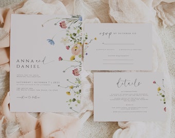 Suite de invitación de boda de flores silvestres, conjunto de invitación floral boho, plantilla, tarjeta RSVP y tarjeta de detalles, invitación de boda imprimible, editable