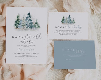 May include: A baby shower invitation with a watercolor illustration of a winter forest scene. The invitation reads "Baby it's cold outside" and includes the date, time, and location of the shower. The invitation also includes a request for guests to bring a book for the baby.