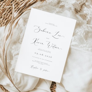 ミニマリストな結婚式招待状セット：エレガントなスクリプト、QRコード（印刷可能なテンプレート）