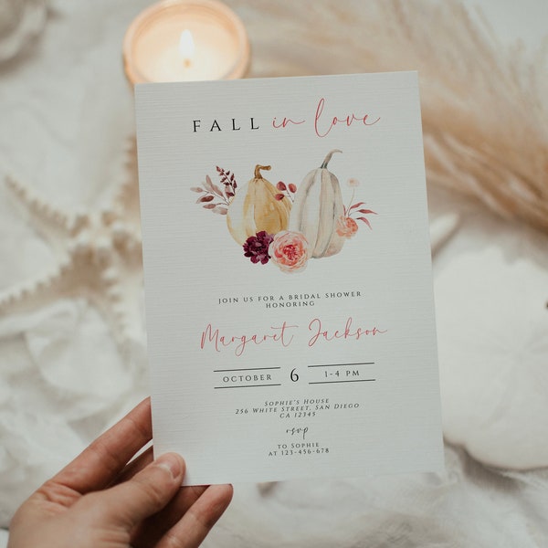 Fall Bridal Shower Invitation, Pumpkin Autumn Bridal Shower Invitation, Fall in Love Bridal Shower Invite, Printable, Templett, Download