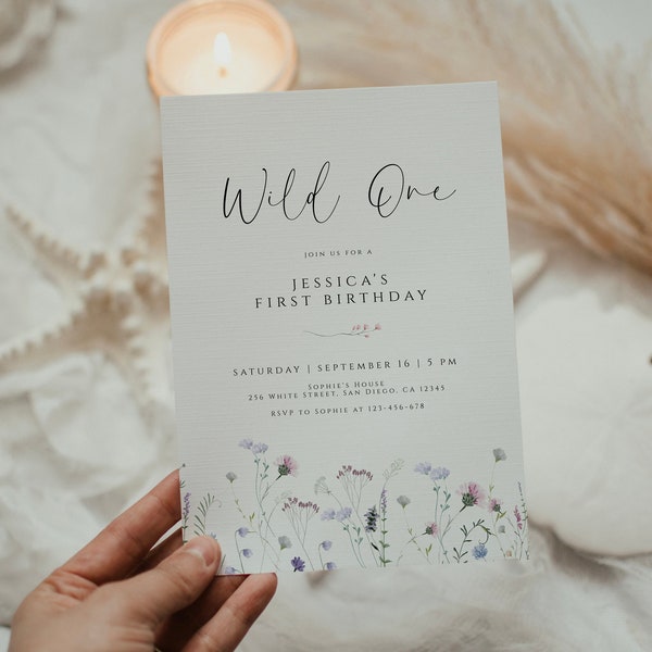 Wildflower Birthday Invitation Template for Girl, Wildflower Wild One 1st Birthday Invitation, 1st Birthday Party Invite, Little Wild Flower