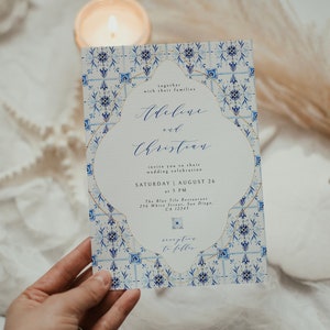 Italian Blue Tiles Wedding Invitation Template, Mediterranean Wedding Invite, Portuguese Tiles Watercolor Invitation Suite Printable Instant