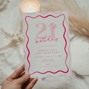 Pink Birthday Invite, 21st Birthday Invitation, Wavy Birthday Party, Printable Invitation, Editable Digital Download Template, Modern Invite