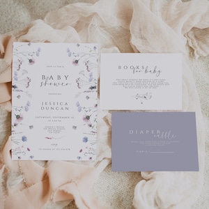 Zestaw szablonów zaproszeń na baby shower z motywem dzikich kwiatów, edytowalne zaproszenie do druku, zaproszenie kwiatowe, zaproszenie na baby shower na wiosnę i lato, pobierz DIY