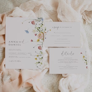 Wildblumen-Hochzeitseinladungspaket, Boho-Blumeneinladungsset, Vorlage, Antwortkarte & Detailkarte, druckbare Hochzeitseinladung, bearbeitbar