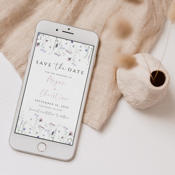 Wildflower Electronic Save the Date Template, Text Message Save the Date Evite, Boho Wedding Save the Date Invite, Digital Evite Download