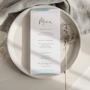 Szablon menu na baby shower, niebieskie i złote karty menu, menu obiadowe, menu do druku, menu na baby shower dla chłopców, dekoracje na baby shower dla chłopców w kolorze niebieskim