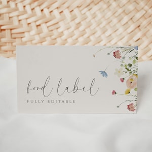 Kaartsjabloon wilde bloemen eten, voedseletiket, bloemen bruids douche buffet kaarten, bloemen bruids douche, wilde bloemen bruiloft, bewerkbaar, download